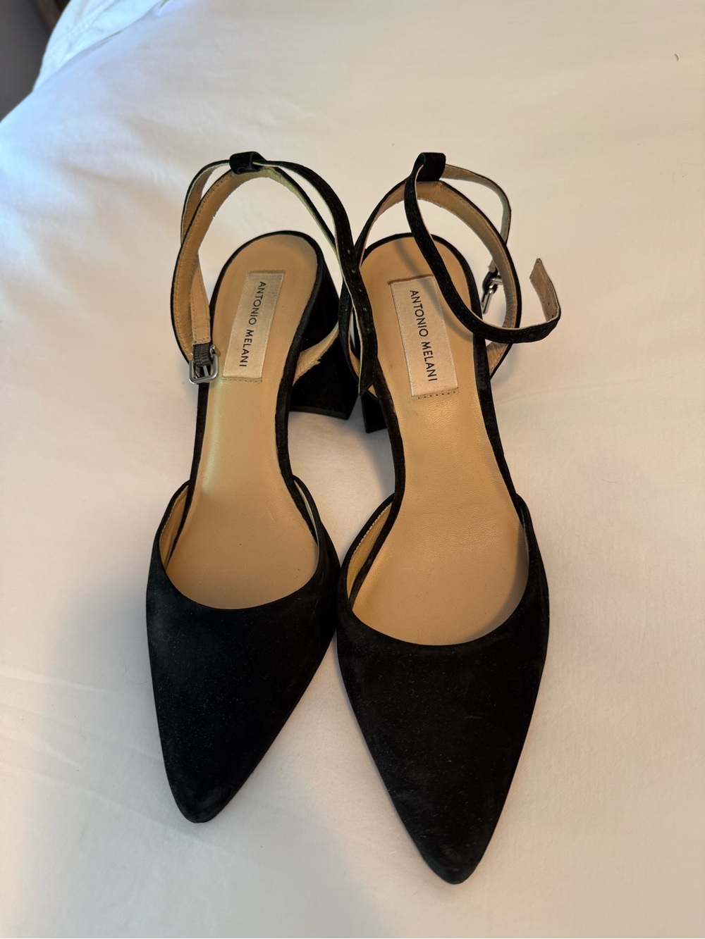 ANTONIO MELANI Black Suede Pointed-Toe Ankle-Strap Heels